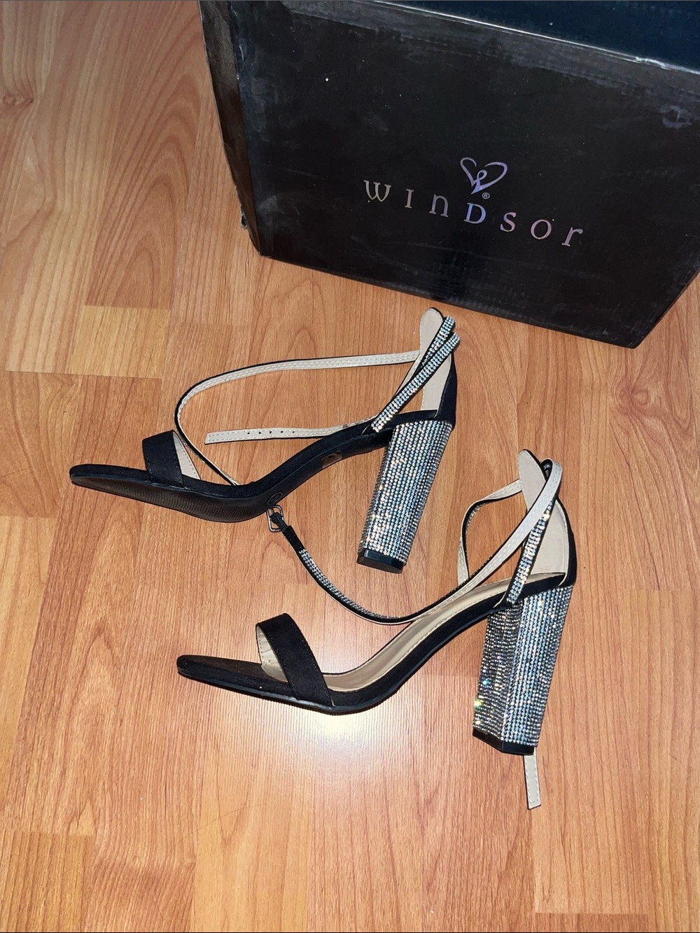 Windsor Black Strappy Sandals with Rhinestone Block Heels